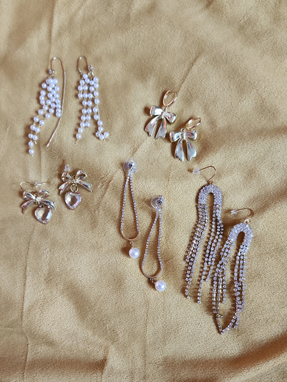 Gold Bow and Pearl Drop Earrings Set - Ultra Girly Bedazzled Sparkly